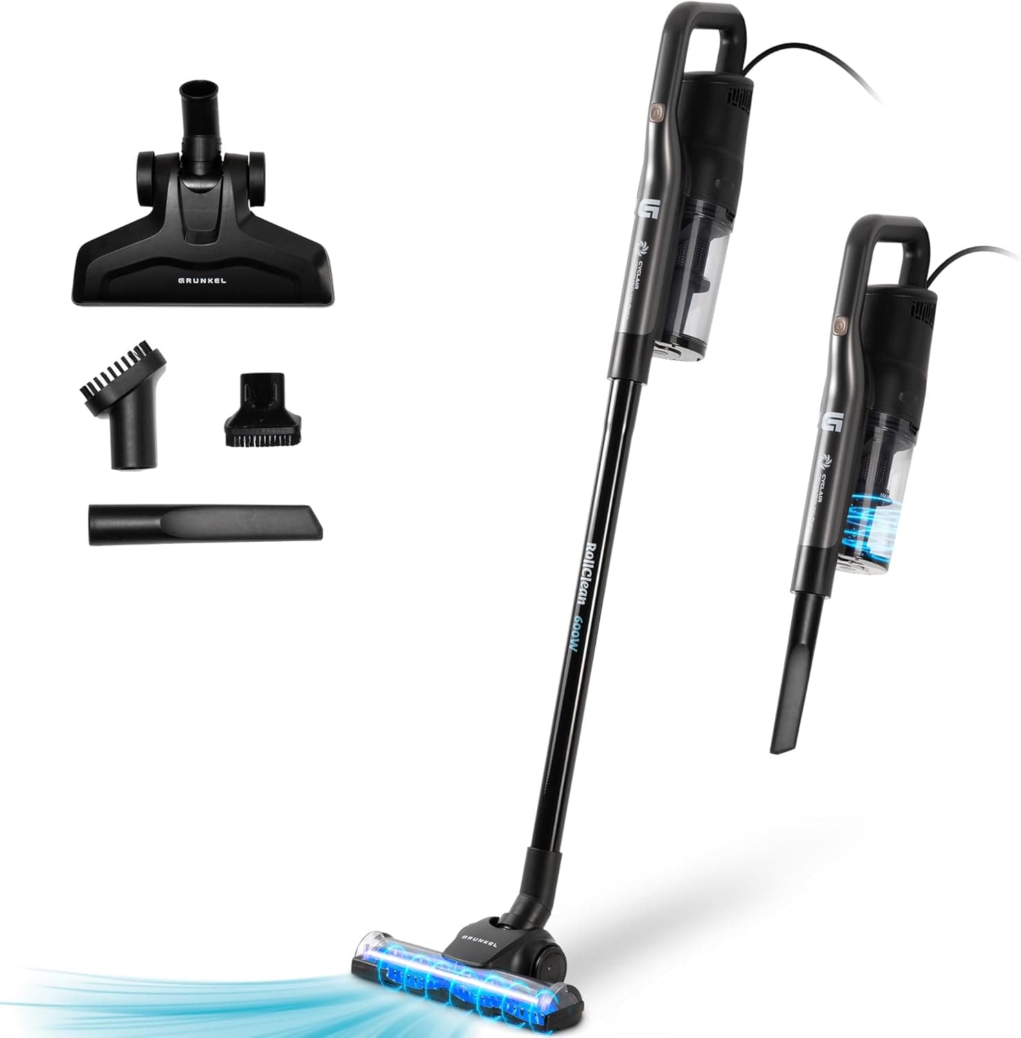 Grunkel Aspirador vertical com cabo ASP com filtro HEPA lavável, 600 W de potência e 16 000 Pa de capacidade de sucção. Inclui acessórios. Cabo e depósito de 5,5 m (600 W Roller)