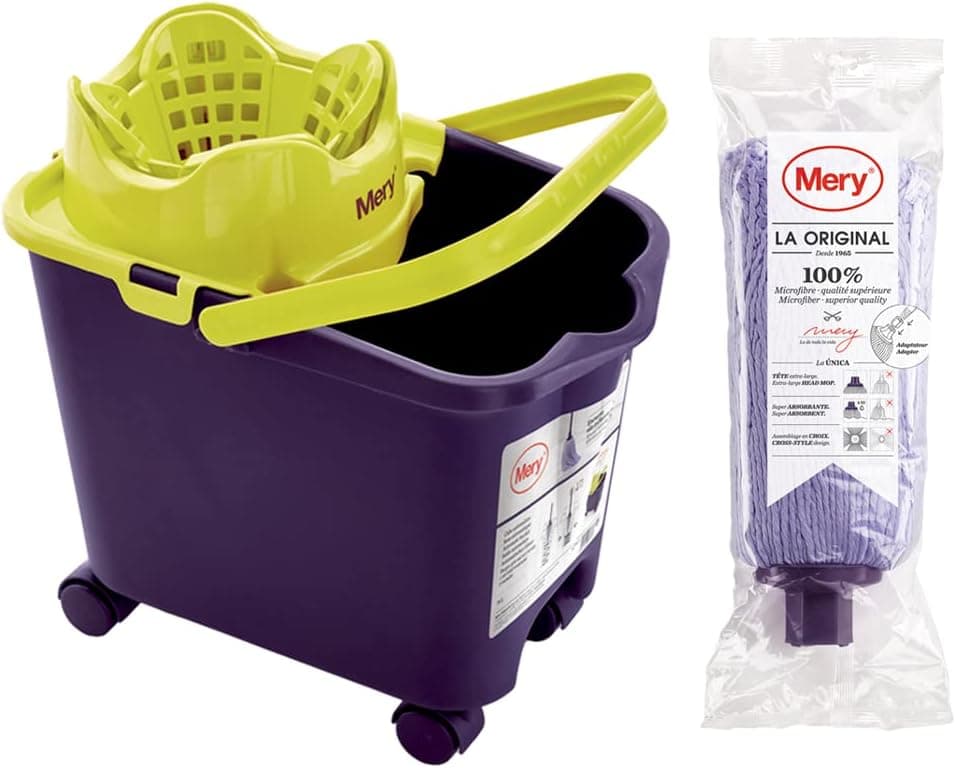 Mery Conjunto de cubo e esfregona de microfibra super absorvente | cubo de escorredor automático e rodas de 360º | cabeça de esfregona extragrande, não deixa raat, roxo | 14 L