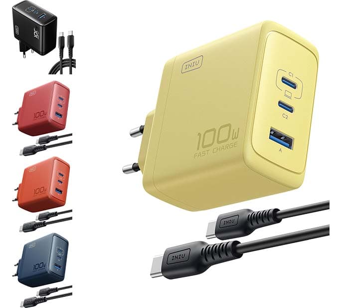 INIU Carregador USB C de 100 W, GAN TYYKL 3 portas, carregamento rápido, adaptador PD QC, compacto e economia de espaço