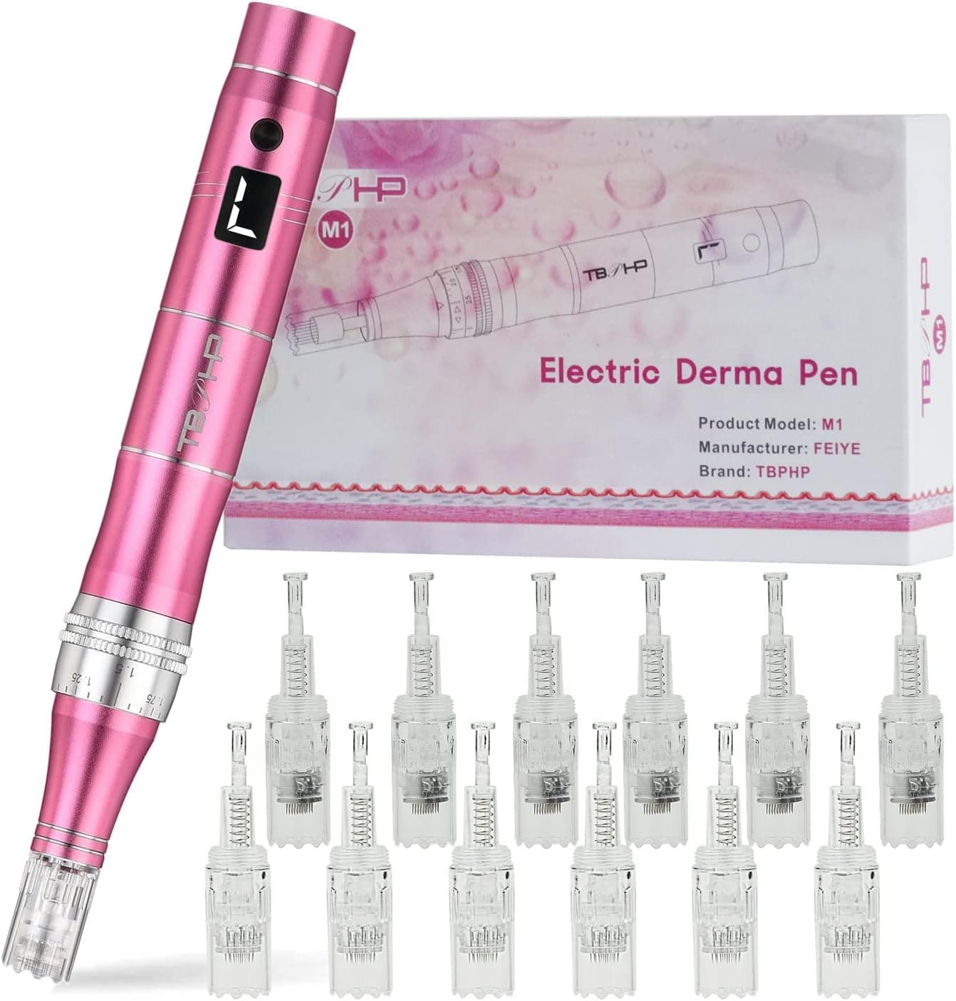 TBPHP M1 Derma caneta elétrica ecrã LCD com ecrã LCD e 7 níveis de velocidade, inclui 12 cartuchos (rosa)