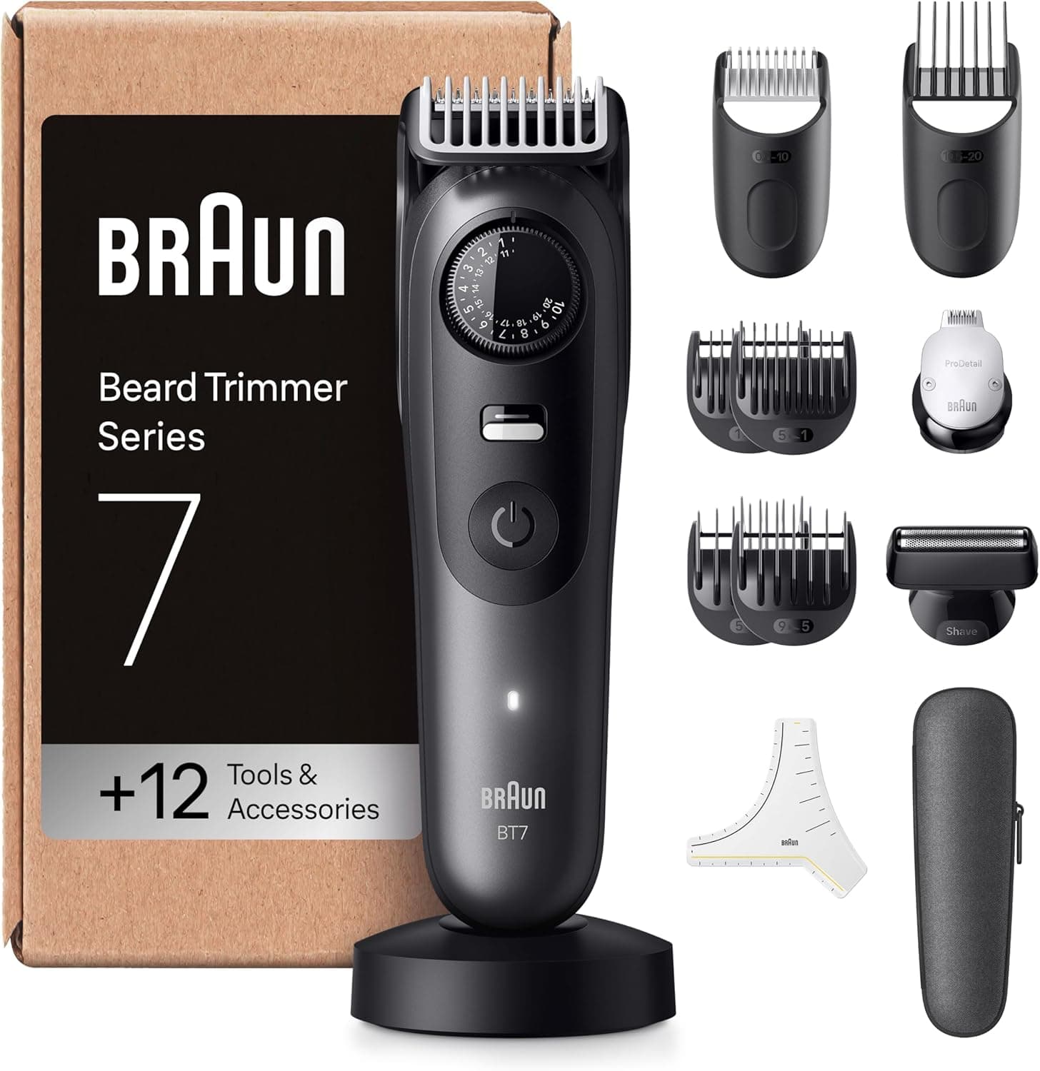 Braun Aparador de barba série 7 BT7545, 12 acessórios para barba, 40 comprimentos, lâmina ProBlade, cinzento