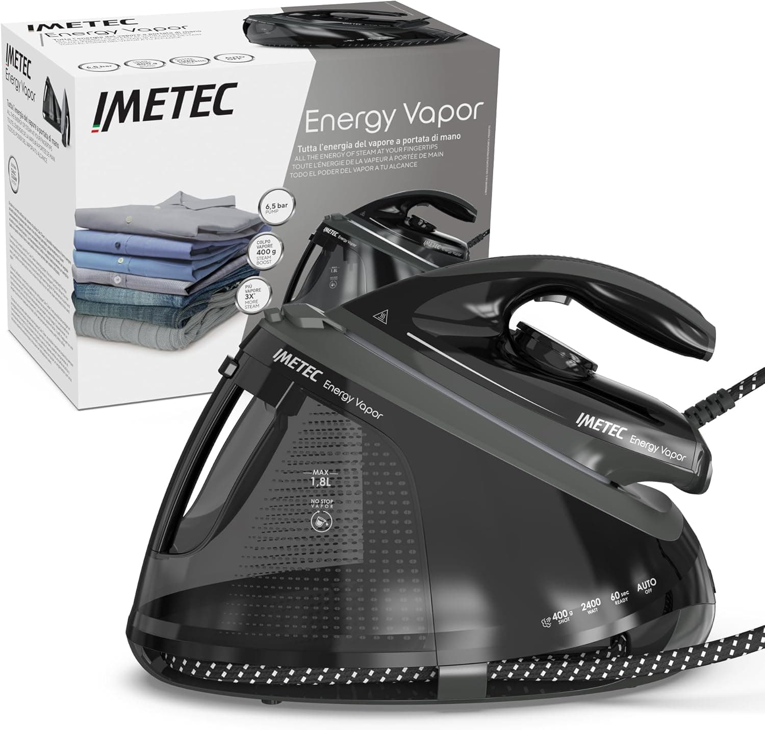 Imetec Energy Vapor ferro com gerador de vapor, bomba de 6,5 bar, 400 g de vapor, 2400 W, sola Fluid Ceramic, bloqueio de ferro, desliga automática, dispositivo de limpeza, tecnologia ECO