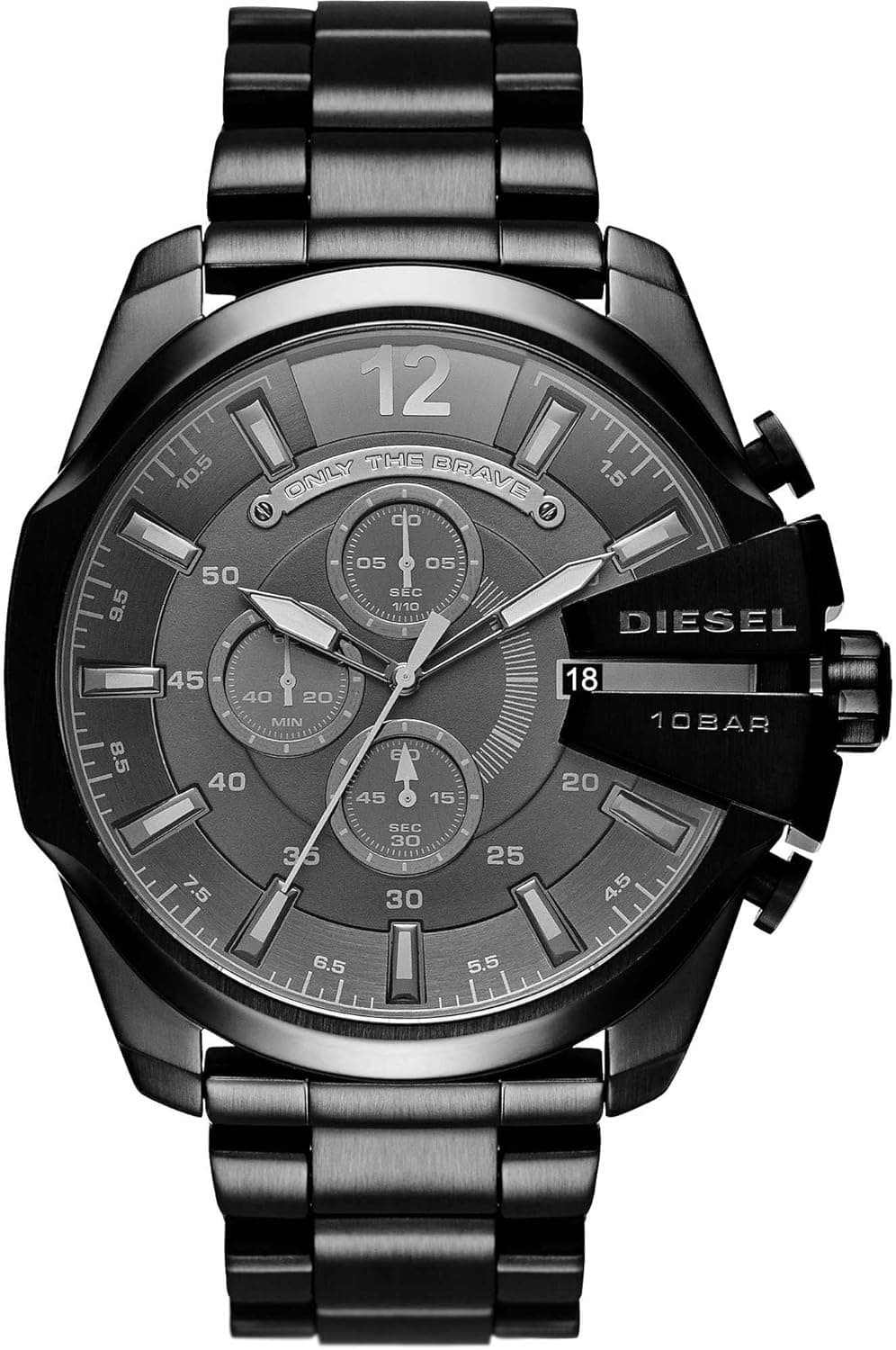 Diesel Relógio para homem mega chief, movimento cronógrafo de quartzo, caixa de aço inoxidável prateada de 59 mm com correia de aço inoxidável, DZ4308