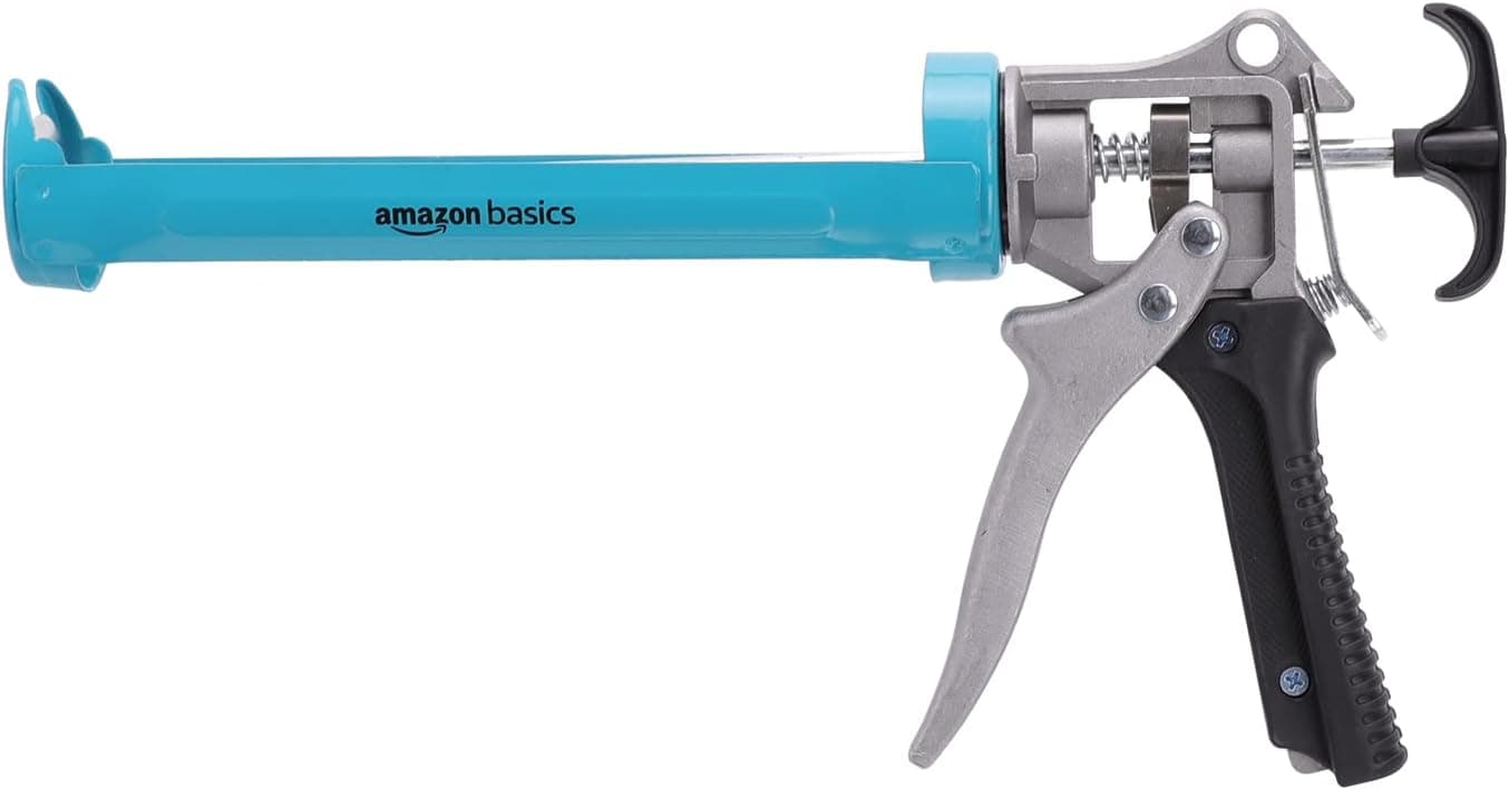 Amazon Basics Pistola de vedação de calafetagem, resistente, 310 ml, relação de força 12:1, cabo de alumínio com pega de suporte de plástico, 0,3 litros, azul e cinzento