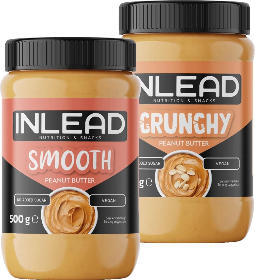 INLEAD - Peanut Butter | Manteiga de amendoim cremosa e sem açúcar, sem óleo de palma | rica em proteínas | Aperitivo ideal para picar entre horas - 2 x 500 g (MIX - Smooth Crunchy)