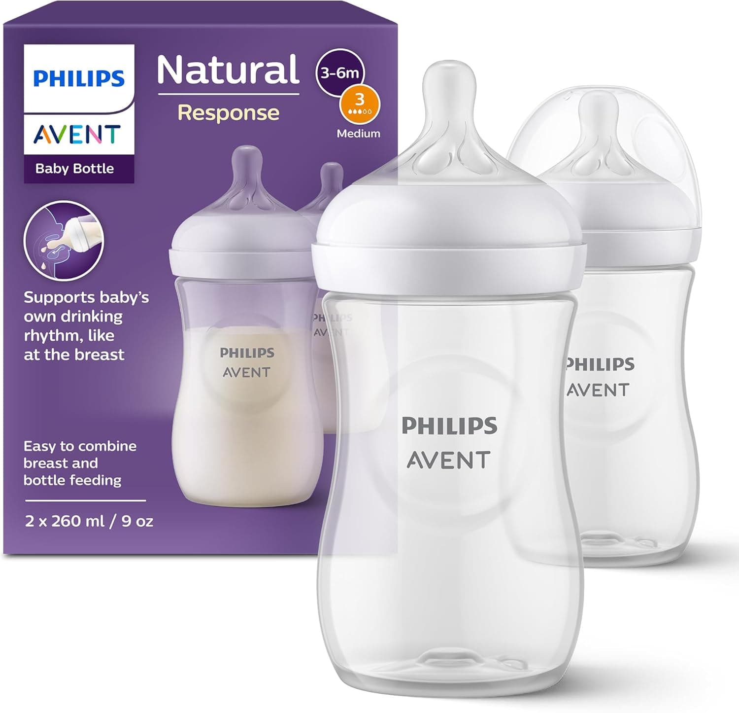 Philips Avent Natural Response SCY903/02 | Conjunto de 2 biberões 260 ml para bebés a partir de 1 mês sem BPA