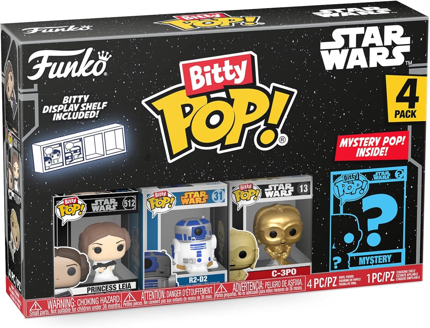 Funko Bitty POP! Star Wars - Leia 4 pacote inclui princesa Leia™, R2-D2™, C-3PO™, And A Mystery Figure e uma mini figura misteriosa de surpresa, 2,3 cm, figuras miniaturas colecionáveis