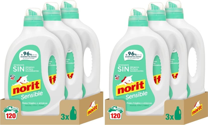 NORIT Sensível - detergente líquido hipoalergénico sem perfume, para peles sensíveis e atópicas, adequado para adultos, crianças e bebés, pack de 3 x 2120 ml, 6360 mililitros