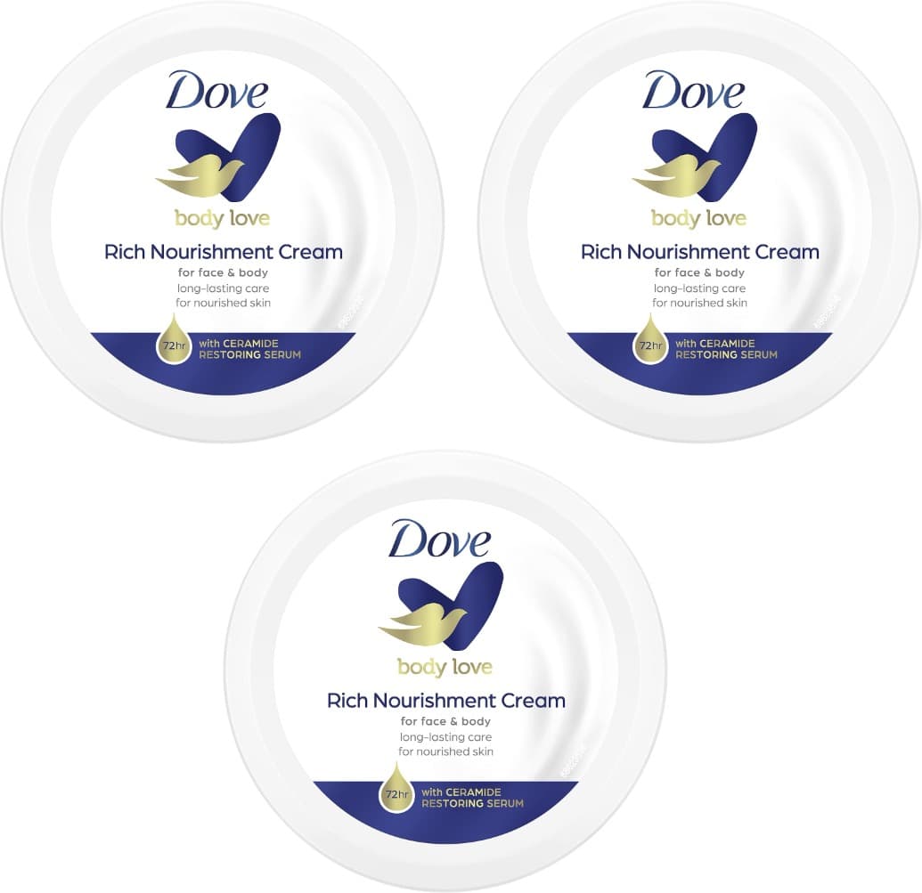 Dove Creme hidratante corporal, mãos e facial 3 em 1, nutrição intensa, longa duração de 72 h com soro restauração de cereais para todos os tipos de pele, 150 ml x 3