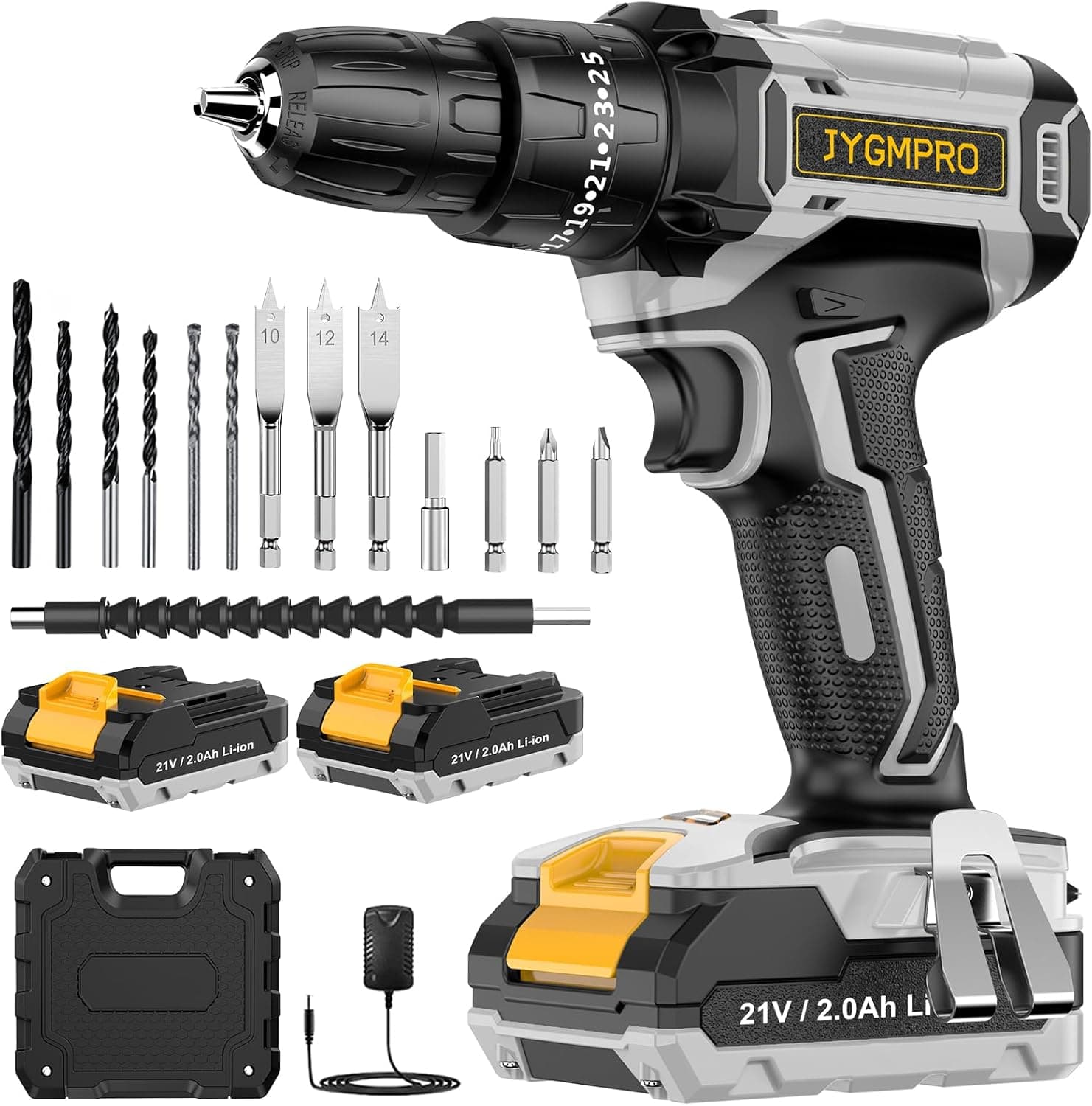 JYGMPRO Broca Percutor a bateria 21 V, broca parafuso bateria com 2 x 2,0 Ah baterias, parafuso elétrico 42 Nm, ajuste de par de 25 + 3, 14 acessórios, 2 velocidades, para casa, bricolagem, cinzento