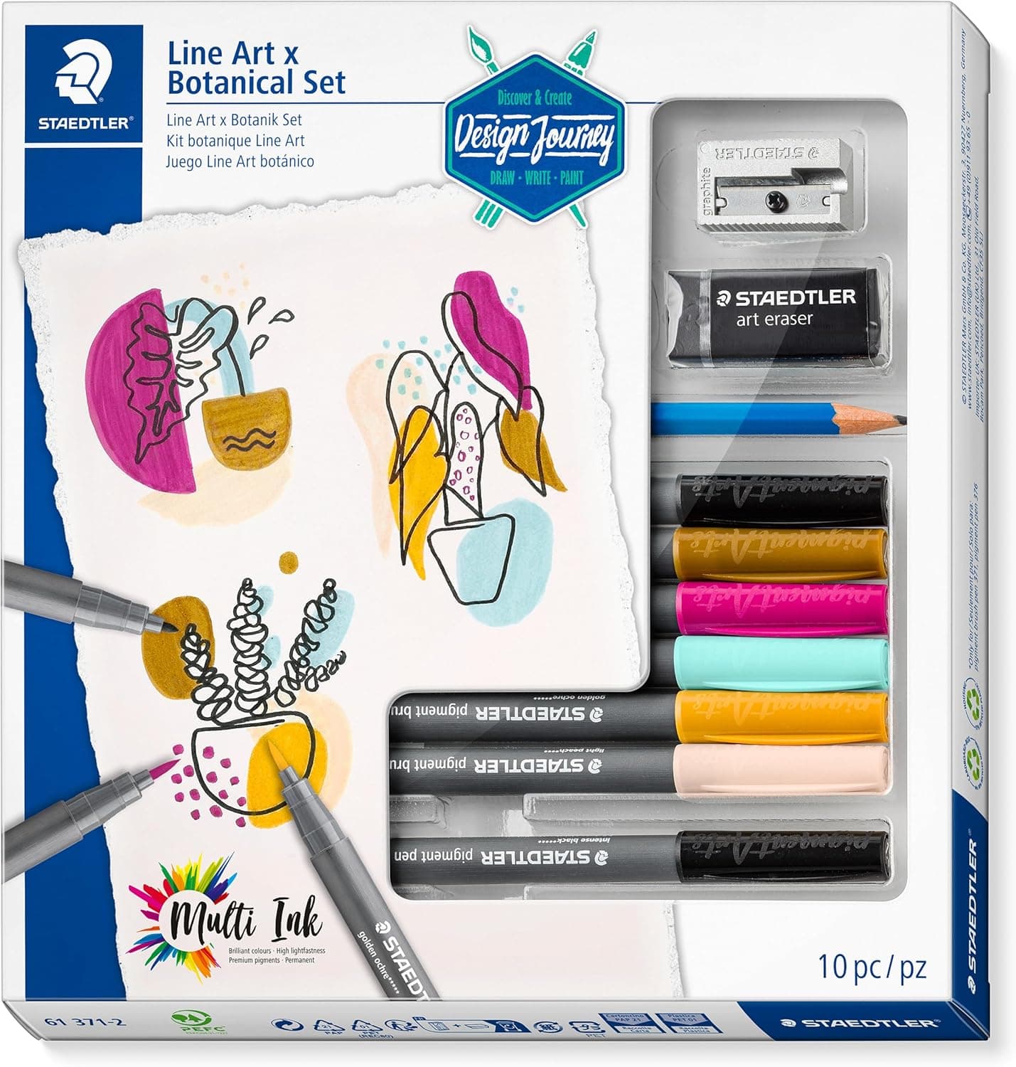 STAEDTLER Line Art ¬ Botanical Design Journey Conjunto de 7 marcadores Pigment Art em cores sortidas, 1 lápis, 1 borracha e 1 afia-lápis 61 371-2