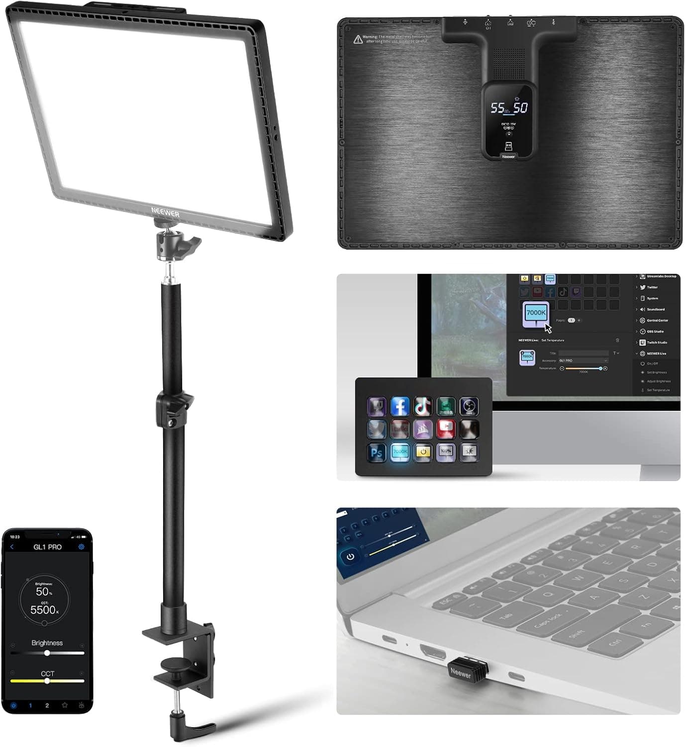 NEEWER GL1 Pro 15,5" Key Light Luz de streaming, luz vídeo com 2,4 G PC e iOS Android App Control, 2800 lúmenes, suporte de secretária, compatível com gato Stream Deck para Gaming/Zoom, preto