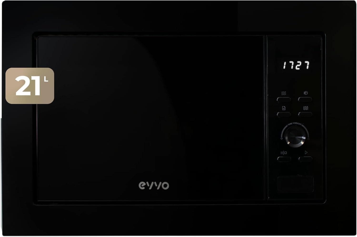 EVVO Microondas integrável Mi30 Black, 21 L de capacidade, 1000 W, portas e molduras, efeito brilhante, multifunções, função descongelar, temporizador 60 minutos, exibição digital (acabamento preto)