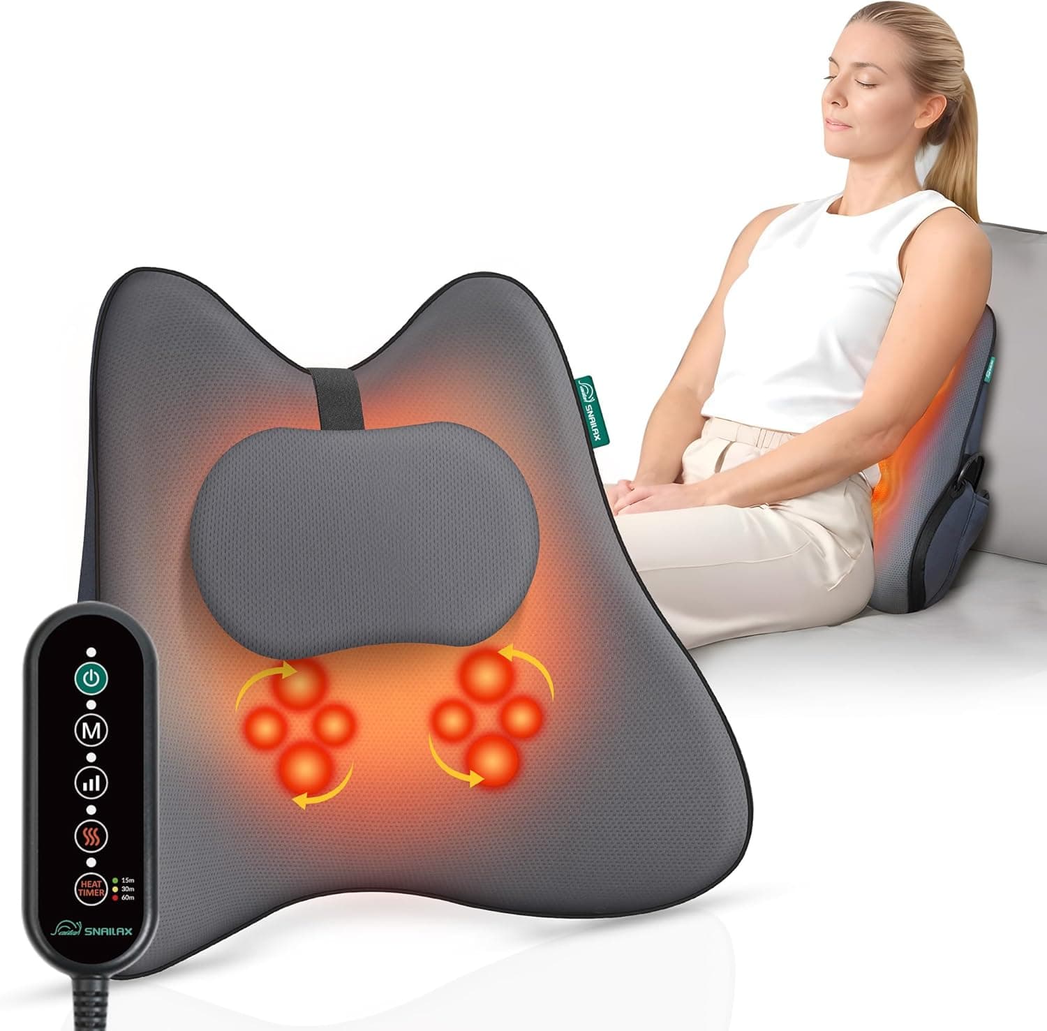 Snailax Almofada lombar ergonómica com massagem e calor, almofada lombar shiatsu de espuma viscoelástica, almofada com 3 intensidades de massagem, 2 níveis de calor, 3 temporizadores, postura