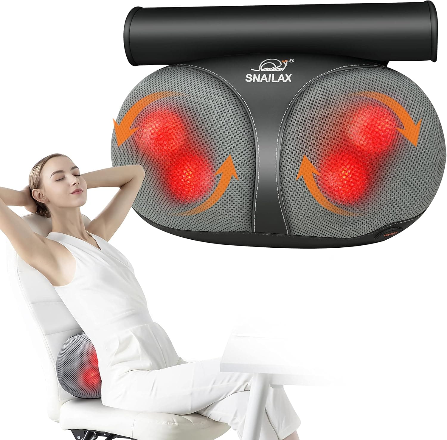 Snailax Almofada de massagem Shiatsu com calor, massajador de pescoço com cabeças de massagem rotativas 4D para casa/escritório, massajador para pescoço ombro, presentes para homens/mulheres