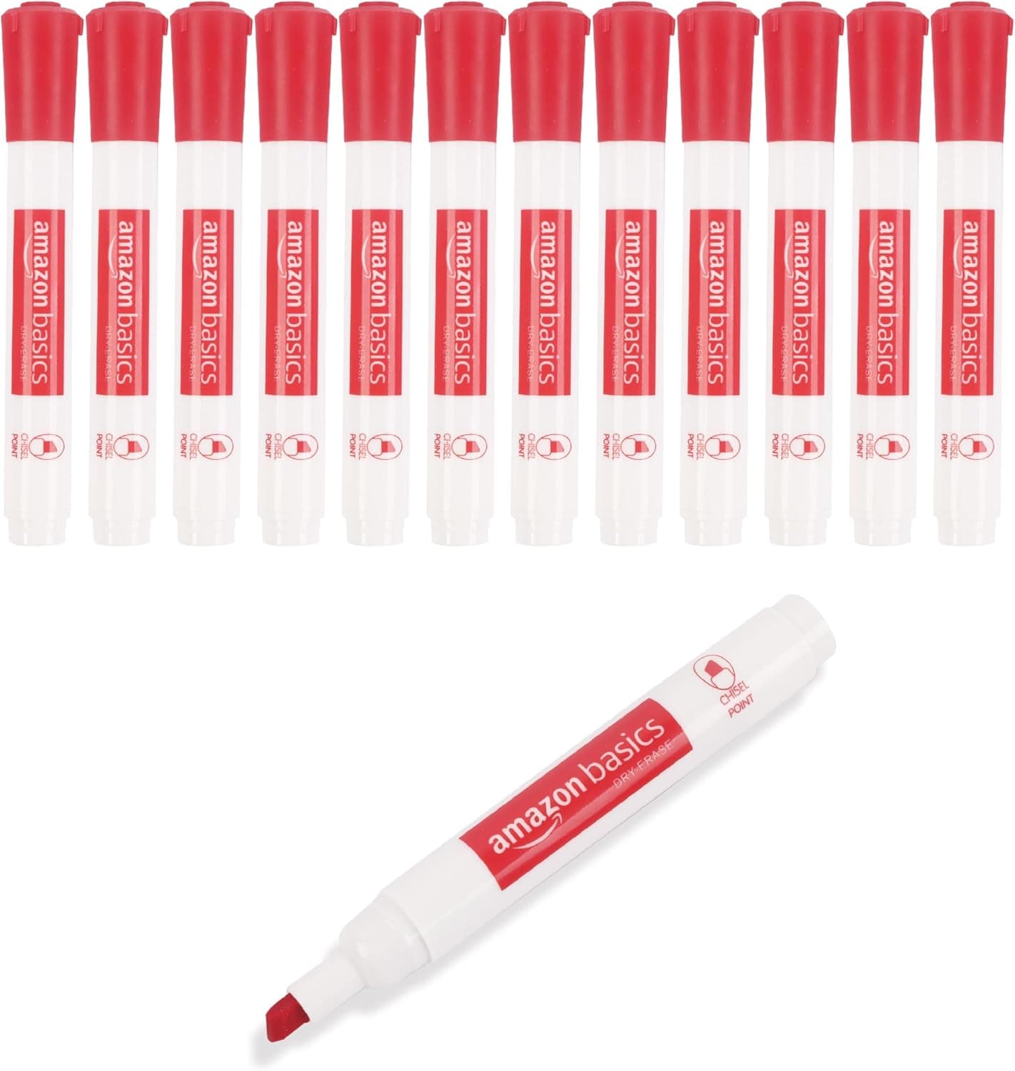 Amazon Basics Marcadores de ponta chanfrada, apagados a seco e pouco odor para quadro branco, vermelho, 12 unidades