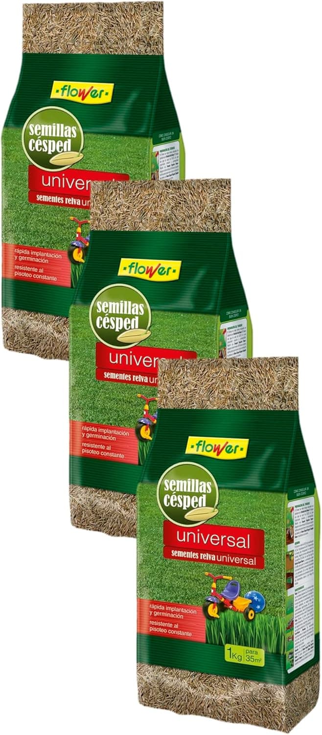 Flower - Sementes de relva universal 1 kg | Germinação rápida | Máxima qualidade | Para 35 m2, 16 x 16 x 16,5 cm, material semente (embalagem de 3)