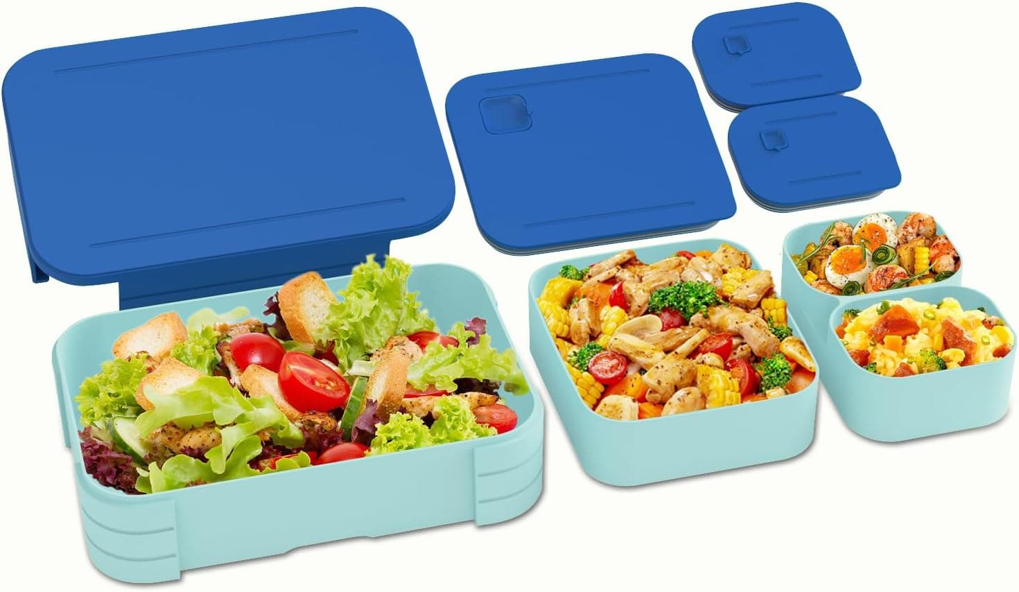 Lancheira infantil XJIANFU com compartimentos, lancheira Bento 3 em 1 à prova de vazamentos, lancheira com compartimentos à prova de vazamentos para meninas e meninos, micro-ondas, lavável na máquina de lavar louça (azul)