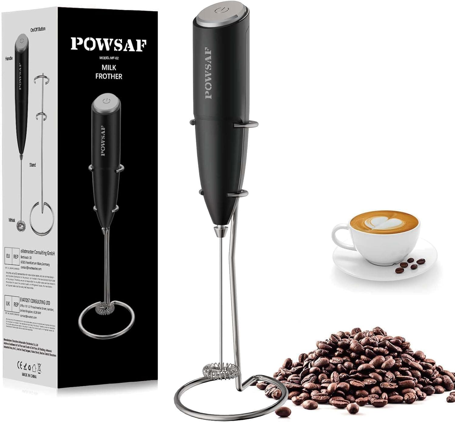 POWSAF Espumador de leite, batedor de leite com espuma com suporte, 13000 RPM, espuma elétrica, liquidificador para café, latte, cappuccino, preto