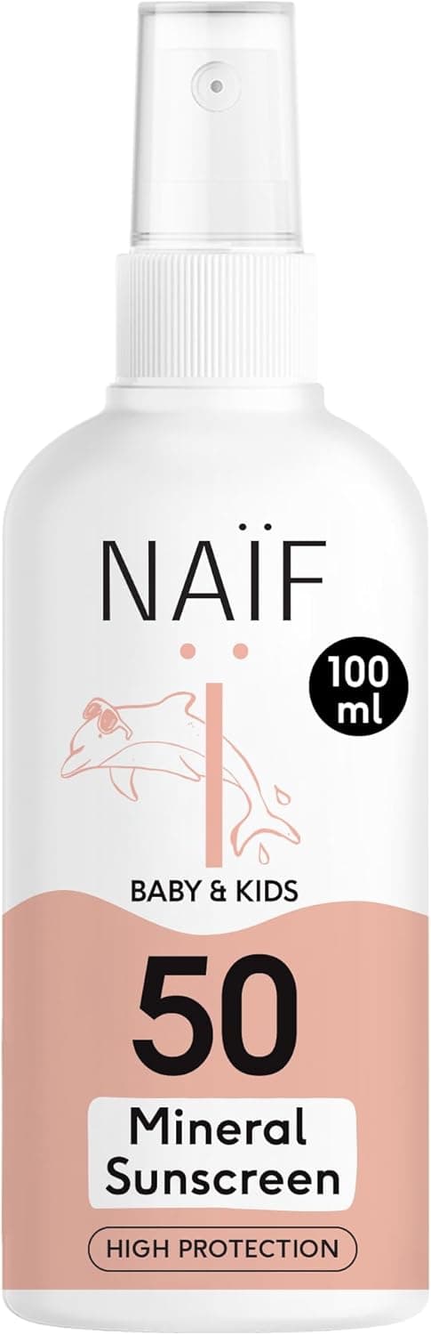 Naïf Spray de proteção solar de base mineral - para bebés e crianças - SPF 50 - spray sem octocrileno, proteção UVA e UVB - testado dermatologicamente - sem microplásticos - 100 ml
