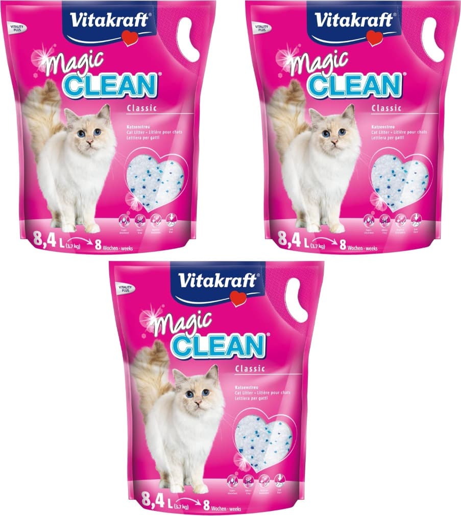 Vitakraft Magic Clean Classic, areia não aglomerante para gatos, fabricada com microesferas minerais, inibe bactérias, especialmente baixa em pó, tem uma duração de 8 semanas (1 x 8,4 l) x 3