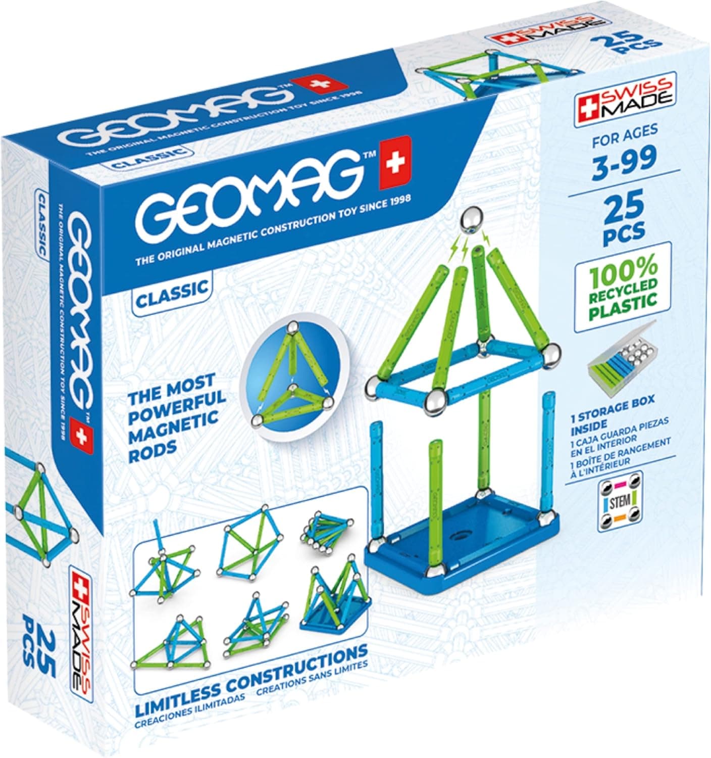 Geomag Classic - 25 peças - blocos de construção magnética para crianças - Green Line - brinquedos educativos de plástico 100 % reciclados