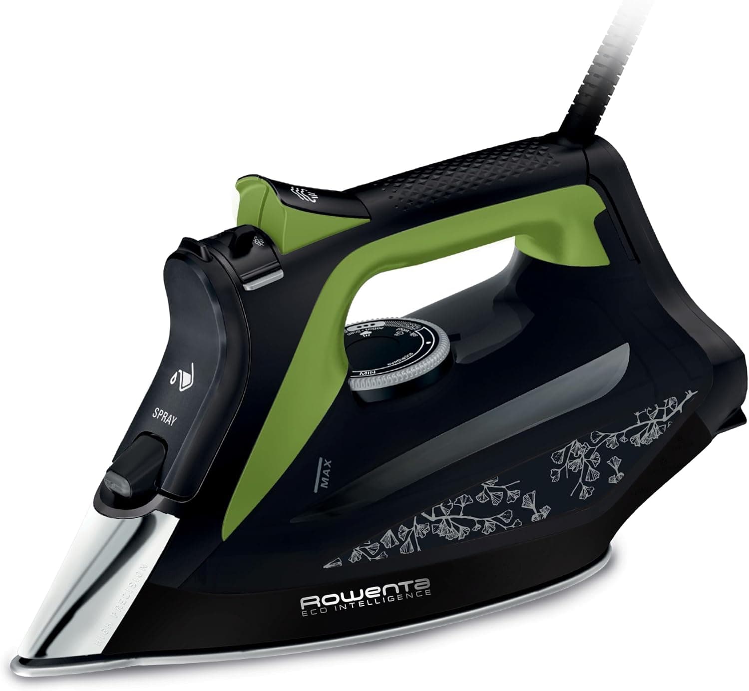 Rowenta Ferro a vapor, Eco Intelligence, distribuição ideal de vapor, potência de 2500 W, tempo de aquecimento rápido, 1 L, elimina até 99,99% de bactérias, preto/verde