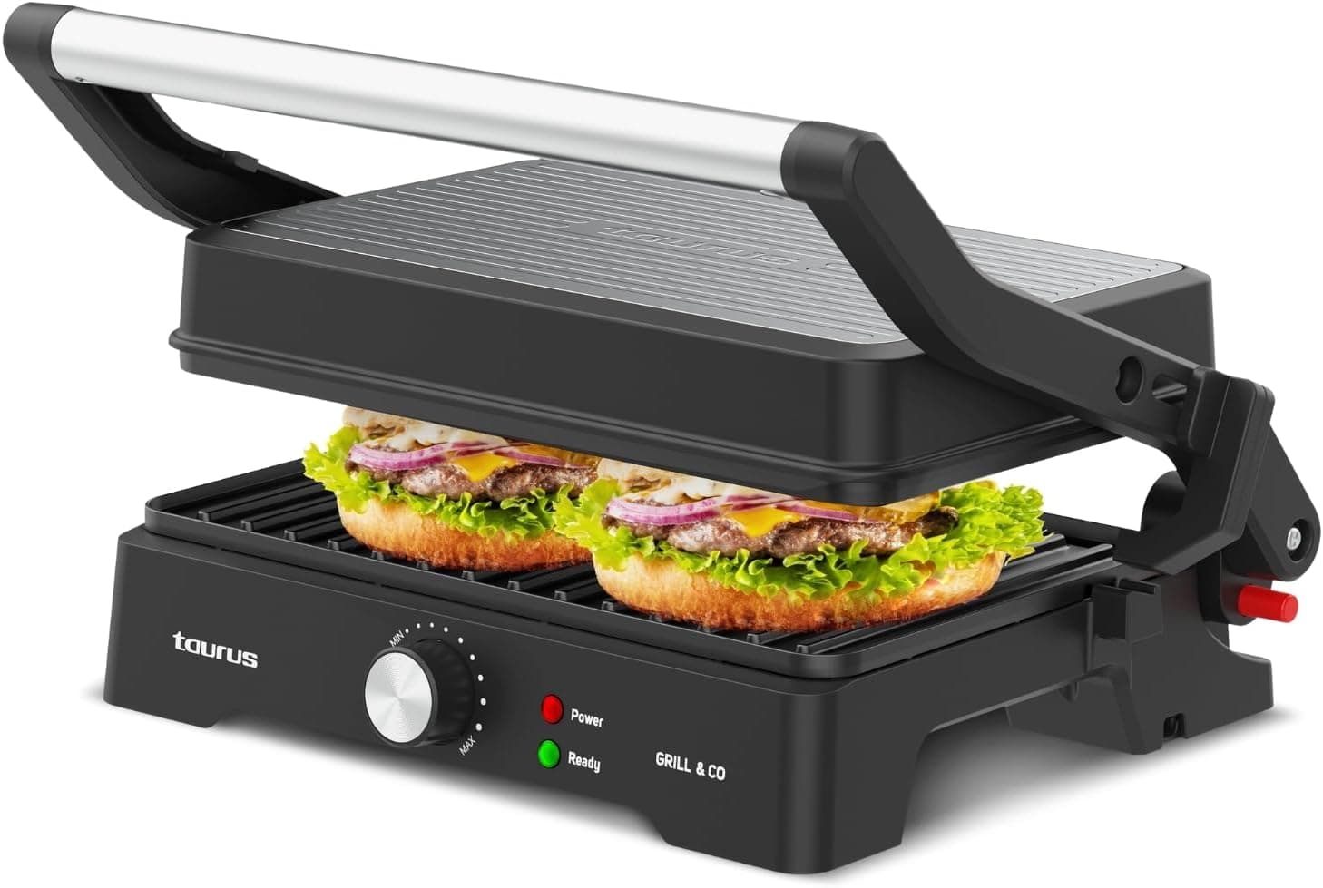 Taurus - Sandwicher Grill&Co GR1500X | 1500W | Placas anti-aderentes 27,5 x 17,3 cm | Tampa Basculante de 180º | termostato regulável, base antiderrapante, bandeja recolhe gorduras