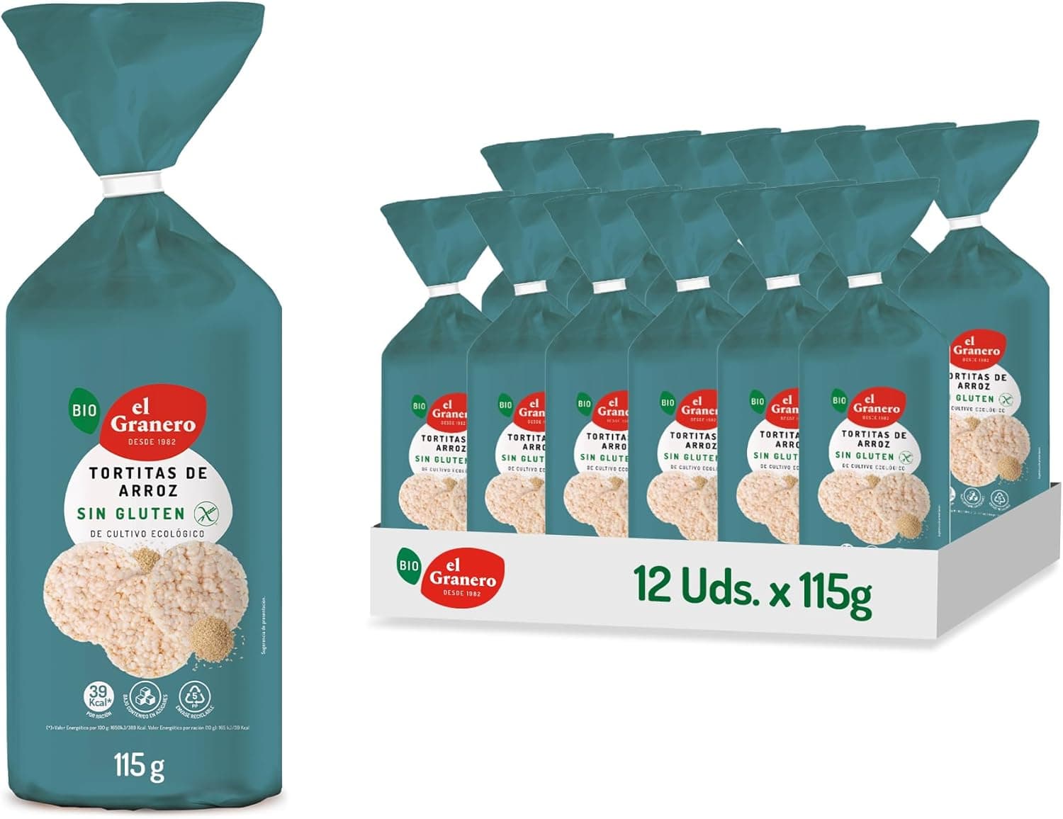 El Granero integral - Pacote de 12 unidades de 115 g de panquecas ecológicas de arroz integral, sem açúcar adicionado e sem glúten - fonte de hidratos de carbono - adequadas para veganos