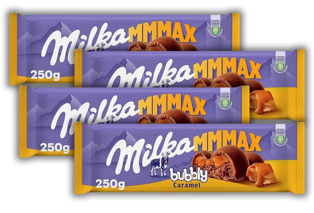Milka MMMAX Bubbly caramelo tablet grande de chocolate com leite dos alpes ar com bolhas e enchimento líquido de caramelo 250 g x 4