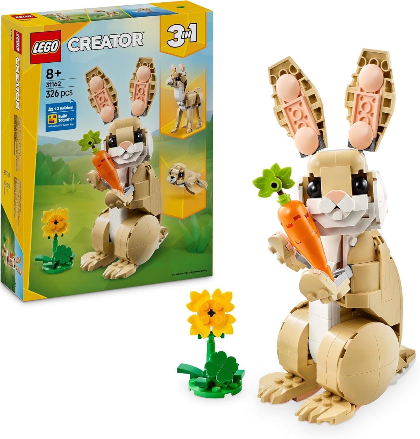 LEGO Creator Coelho bonito 3 em 1, brinquedo de coelho transformável em figura de boca e chama, jogo com animais, brinquedos de animais de estimação para construir