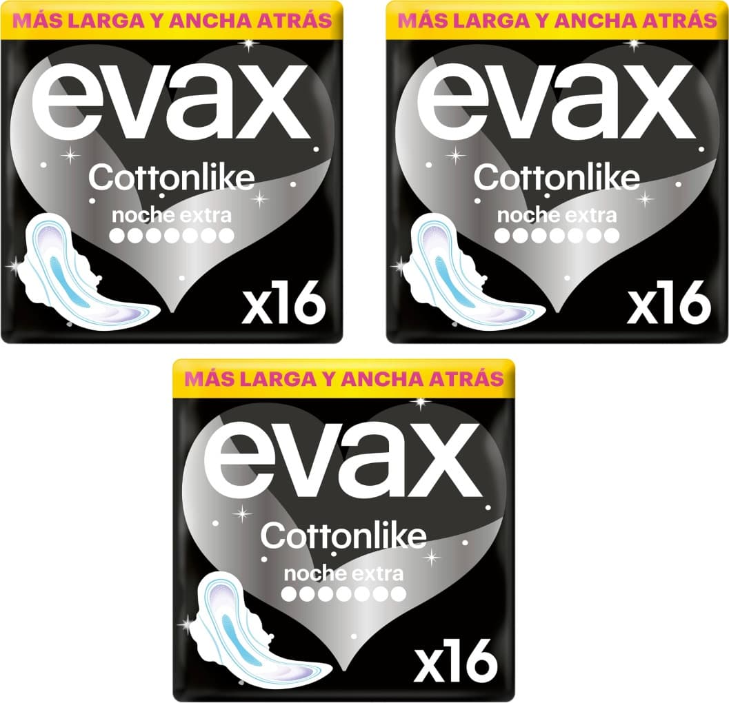 Evax Cottonlike Compressas noite extra com asas, 16 unidades x 3