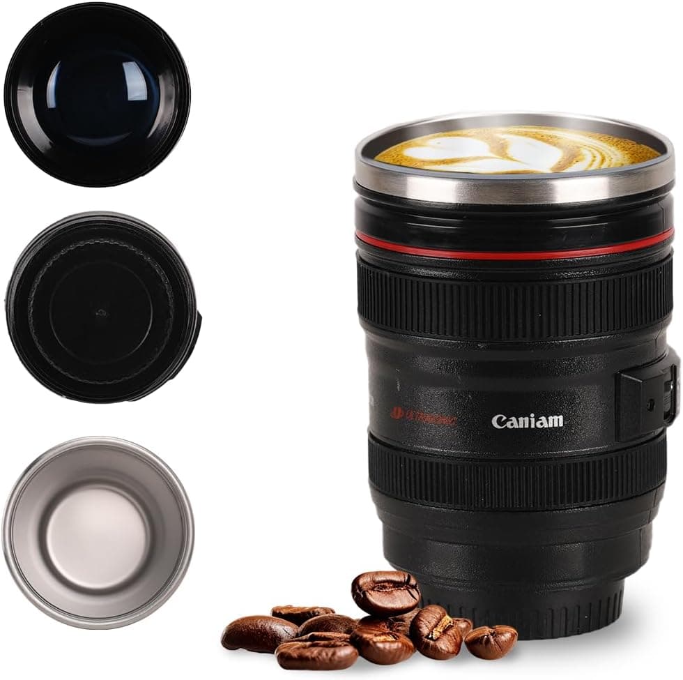 Caneca de café com lente de câmara, copos de lente de aço inoxidável sem BPA, caneca de viagem à prova de fugas, garrafa de água com tampa, caneca de lente EF24-105 mm f/4,0 USM