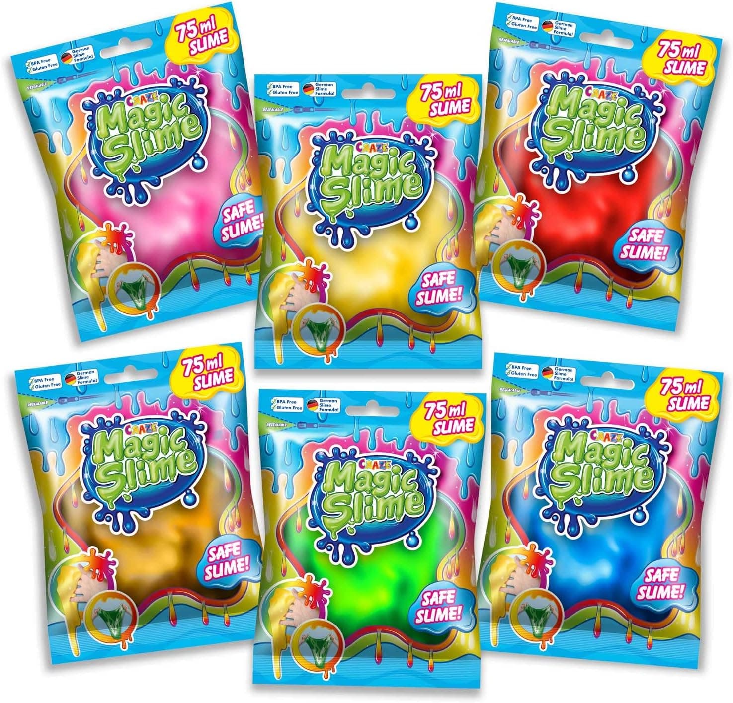 CRAZE Magic Slime | Conjunto de 6 saquetas de slime multicolor lavável para crianças, 75 ml cada