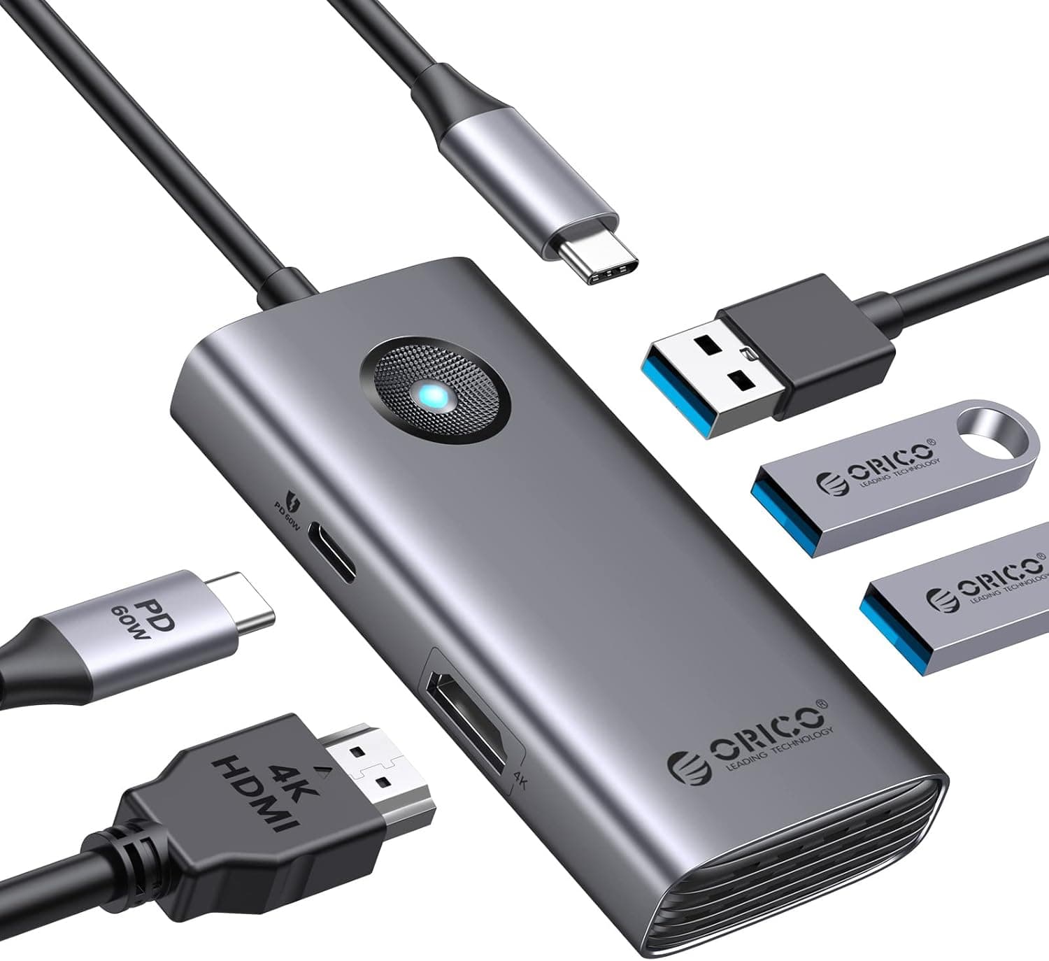 Docking Station ORICO 5 em 1, com HDMI 4K, entrega de energia de 60 W, USB C 3.0, 5 GBPS e 2 portas de dados USB 2.0 para MacBook Air/Pro, XPS e muito mais (cinzento)