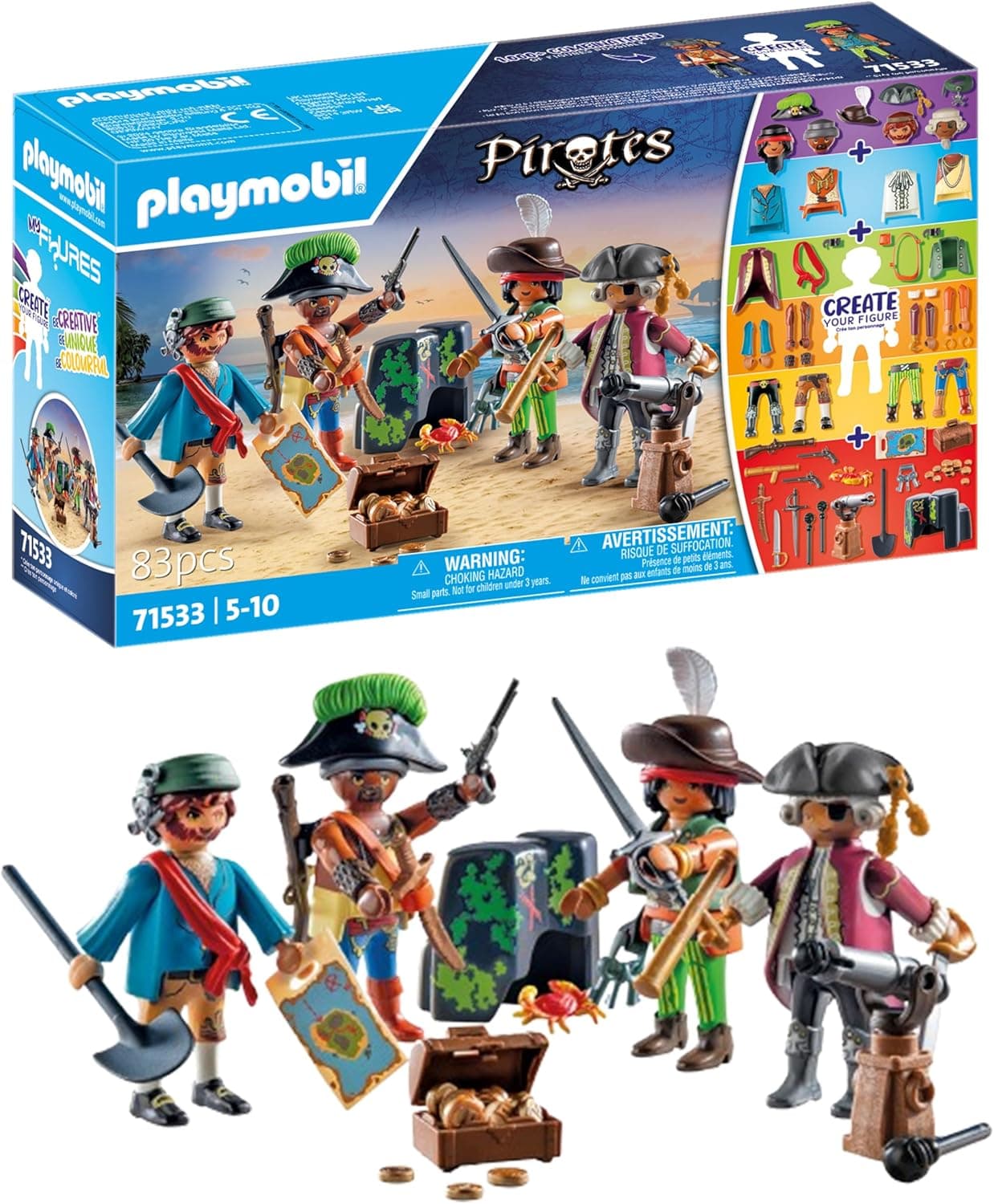 PLAYMOBIL Pirates 71533 MyFigures: Piratas, montagem de figuras de piratas personalizadas, incluindo mapa do tesouro e alfinetes para o chapéu de pirata, brinquedos para crianças a partir de 5 anos