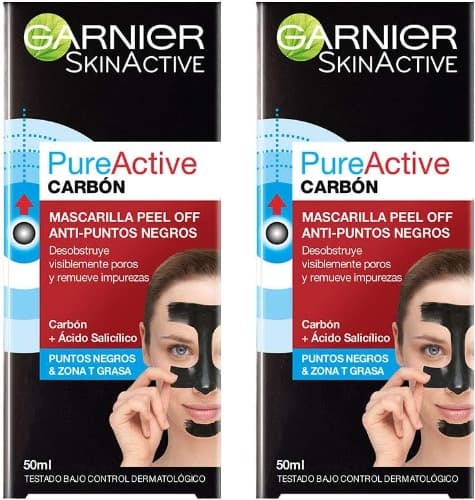 GARNIER Skin Active PureActive - Máscara preta de pele Off com carbono e ácido salcílico anti-pontos pretos, espinhas e poros do nariz, 50 ml x 2