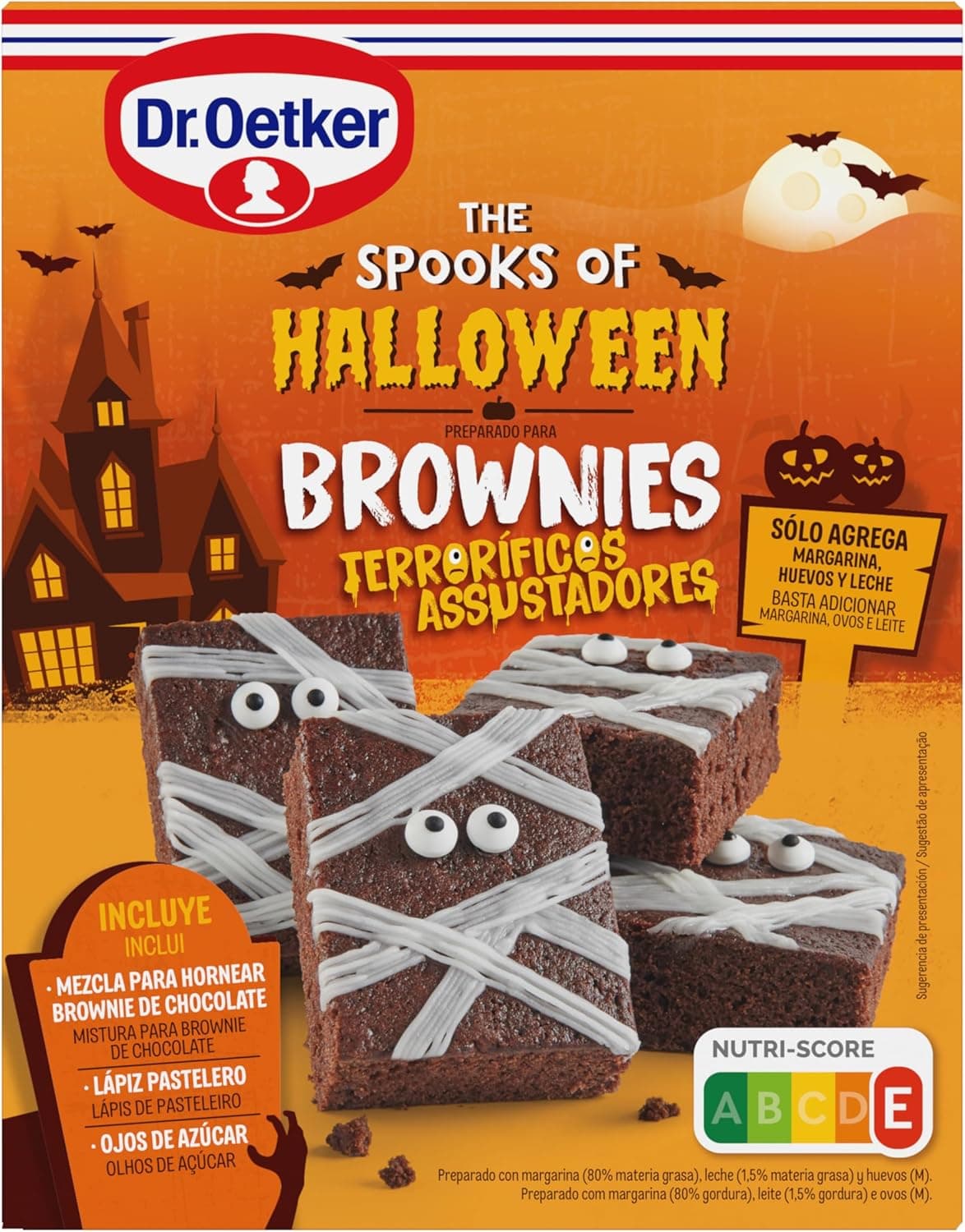 DR. OETKER - Kit de Brownies de Halloween, preparado de Brownies de chocolate, decoração para Halloween, inclui mistura para assar lápis pasteleiro olhos de açúcar