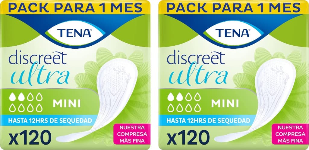TENA Discreet Mini Ultra, compressas finas, discretas e seguras para perdas leves de urina - 240 unidades
