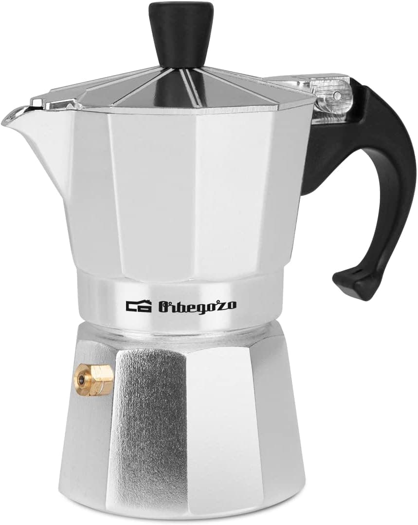 Orbegozo KF 200 – Cafeteira italiana de alumínio para 2 chávenas, com pega ergonómica, compatível com fogões a gás, elétricos e vitrocerâmicos, com válvula de segurança