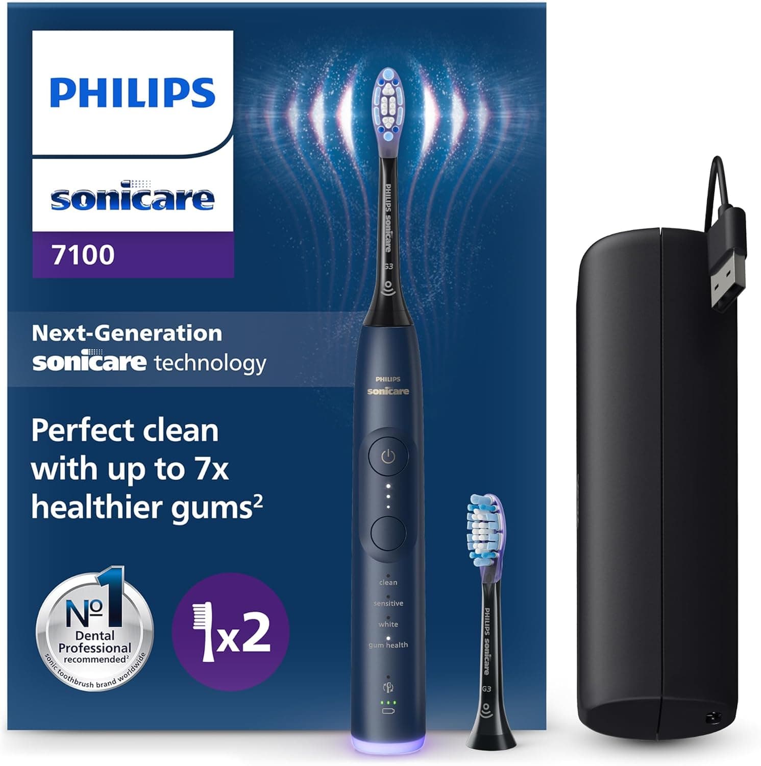Philips Sonicare 7100 escova de dentes elétrica, sônica, 4 modos de escovagem, 3 níveis de intensidade, alerta de pressão, EasyStart, SmarTimer, azul-marinho, HX7423/01 [nova tecnologia]