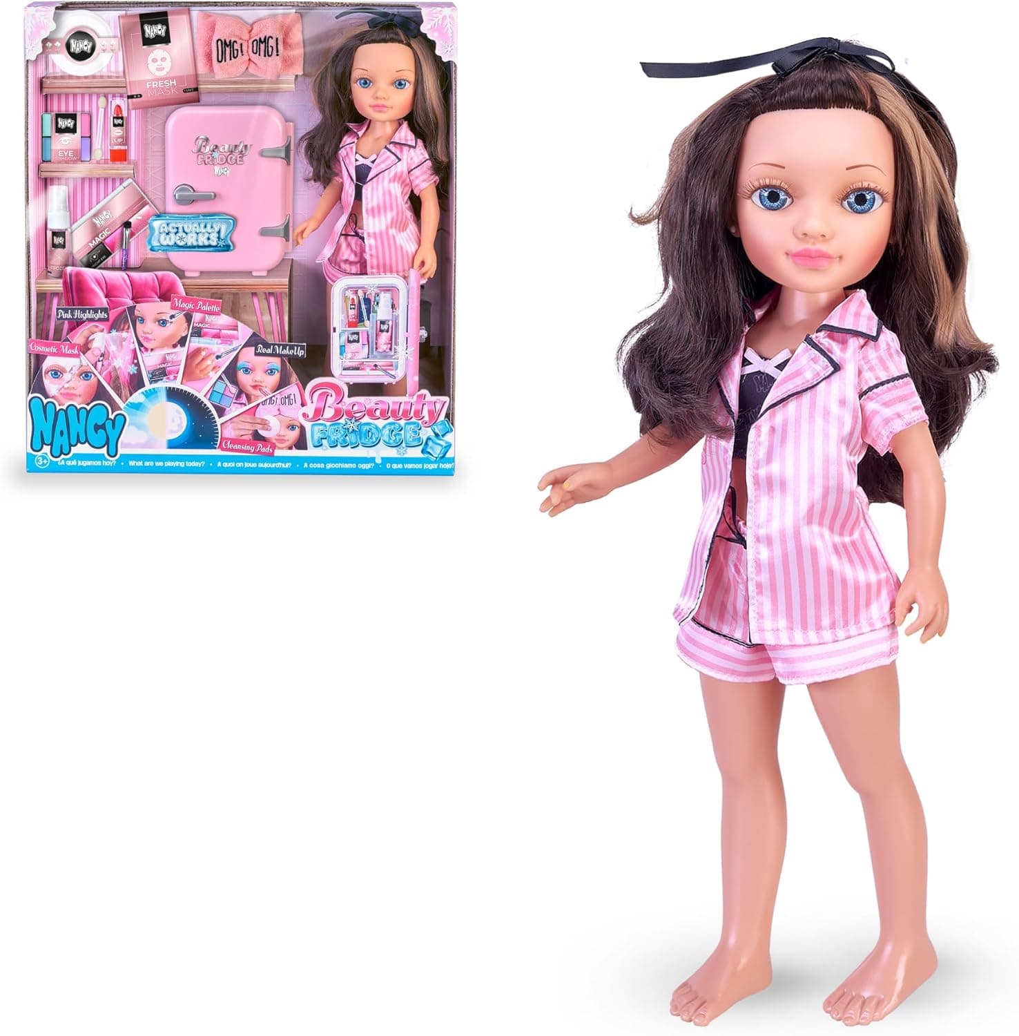 Nancy - Beauty Fridge, boneca pronta para uma rotina de beleza, acessórios de maquilhagem com frigorífico, refrigeração da verdade com uma placa de gelo, 3 anos, famosa (NAC74000)