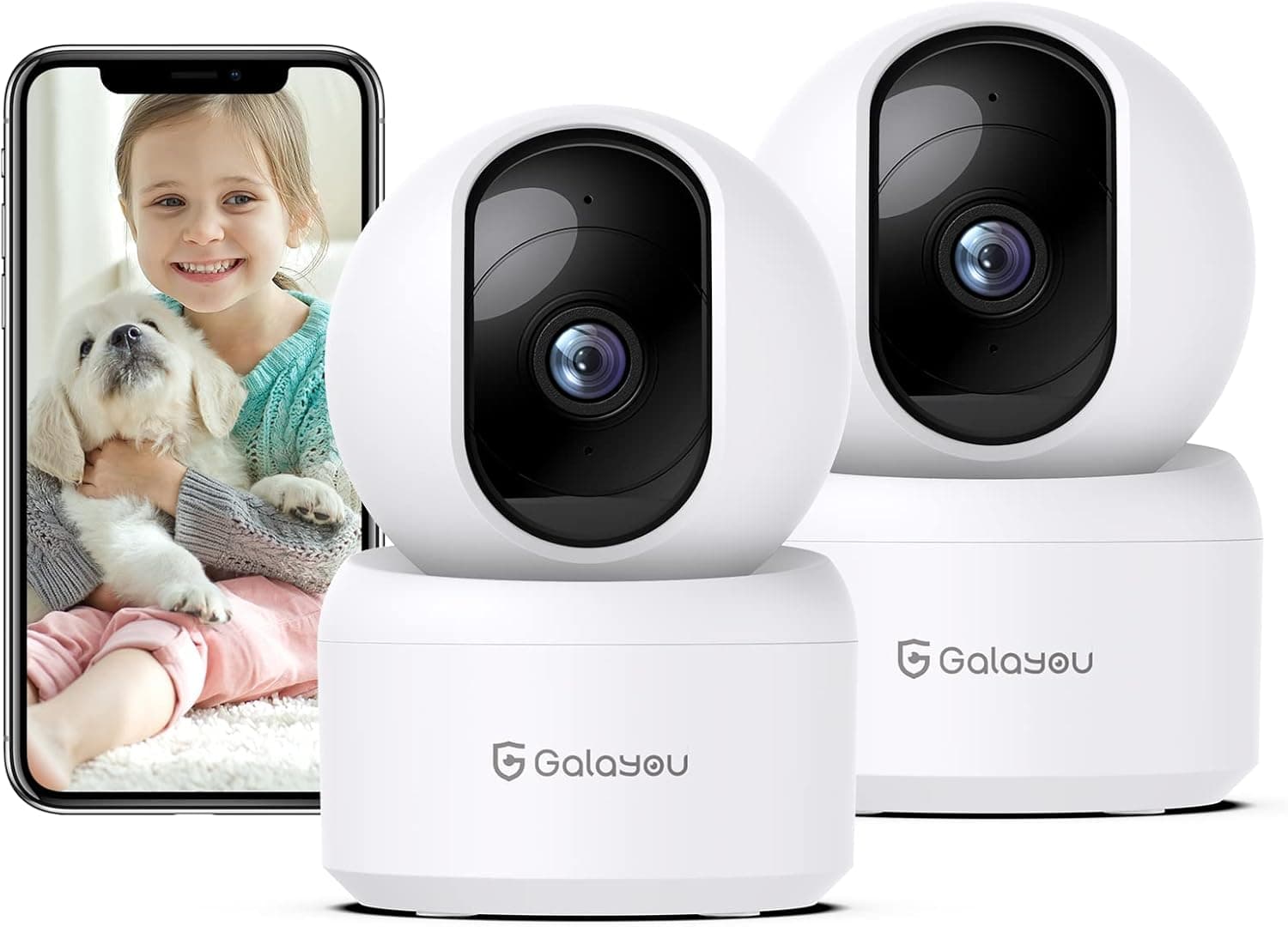 GALAYOU 2 K Câmara de vigilância WiFi interior câmara de vigilância bebé IP com visão de 360°, deteção de movimento, gravação em cartão SD e áudio bidirecional, compatível com Alexa, G2 (2 pacotes)