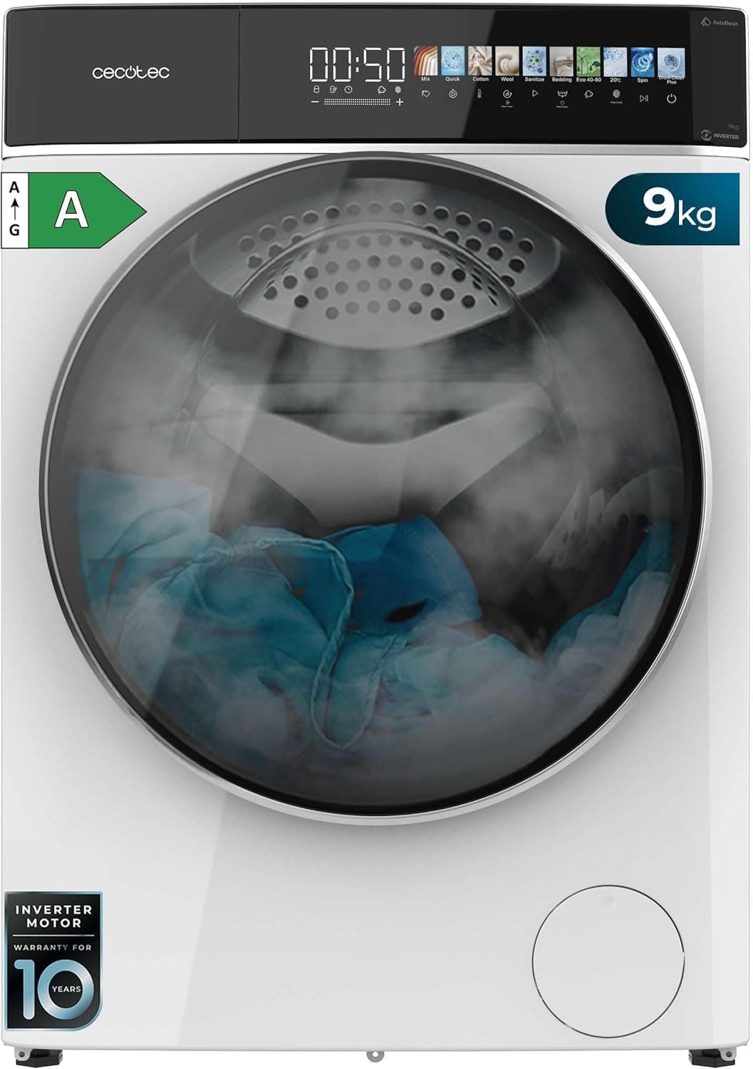 Cecotec Lavadora 9 kg carga frontal autodose Bolero DressCode 9900 Autodose Inverter FullColor A. 1400 rpm, ecrã de 10,3", inverter, SteamMax, classe A 