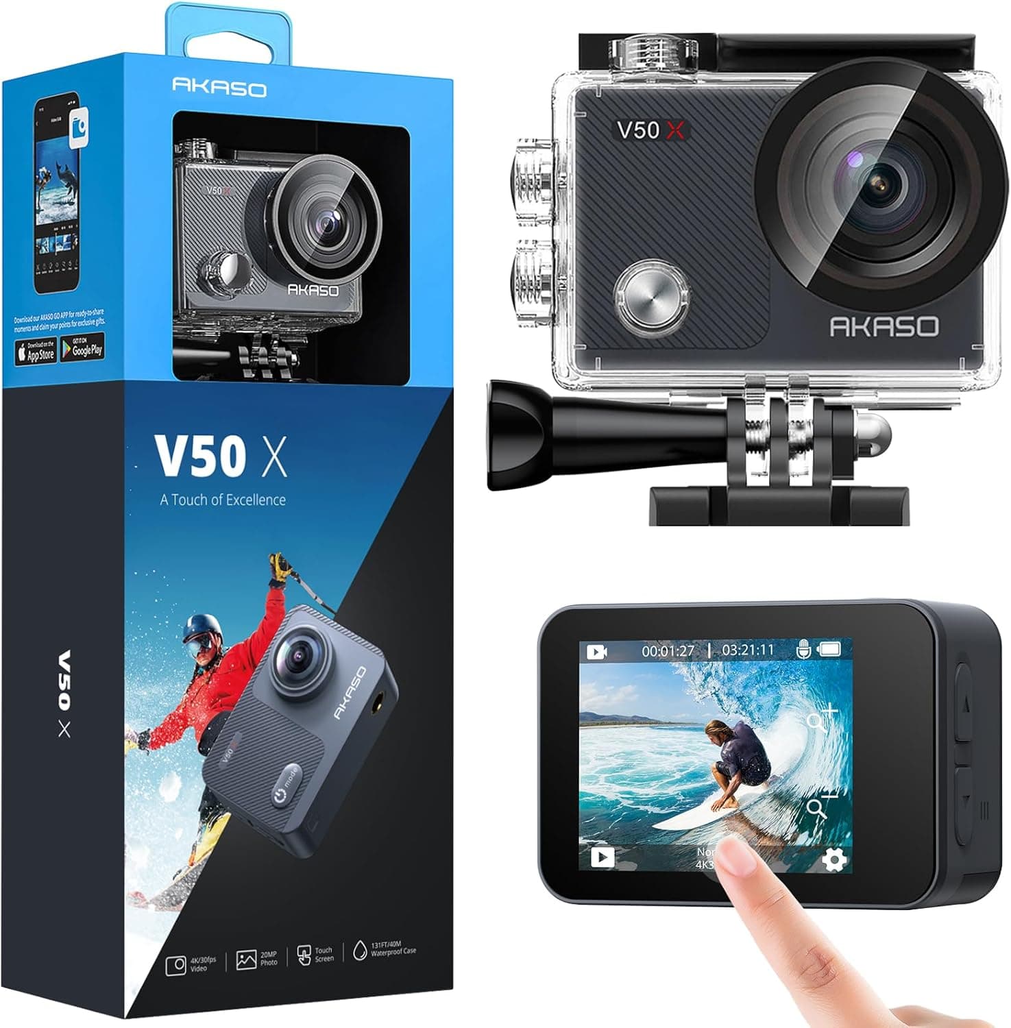 AKASO Câmara desportiva WiFi nativa 4K 30 fps câmara de ação com ecrã táctil EIS ângulo de visão ajustável câmara aquática submergível 40 m controlo remoto 2 baterias multi acessórios V50X