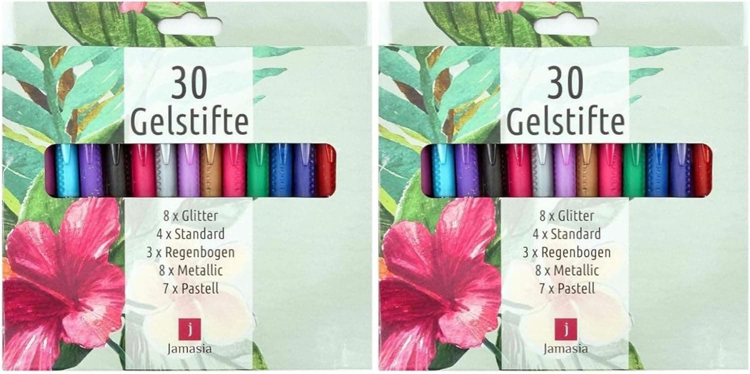 TerCasa 998701-1 - Conjunto de 2 canetas de gel (30 unidades, 2 estojos com 30 canetas de gel com purpurina, arco-íris, metálicos, efeitos de cor padrão e pastel, 60 canetas