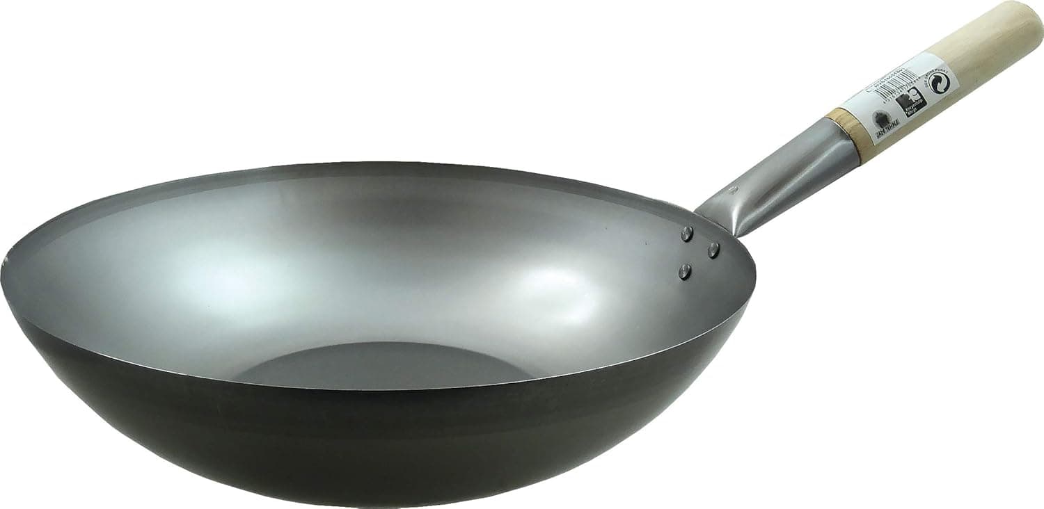 JADE TEMPLE Wok em aço carbono com base plana de 35 cm de diâmetro e cabo de madeira, metal, cinzento