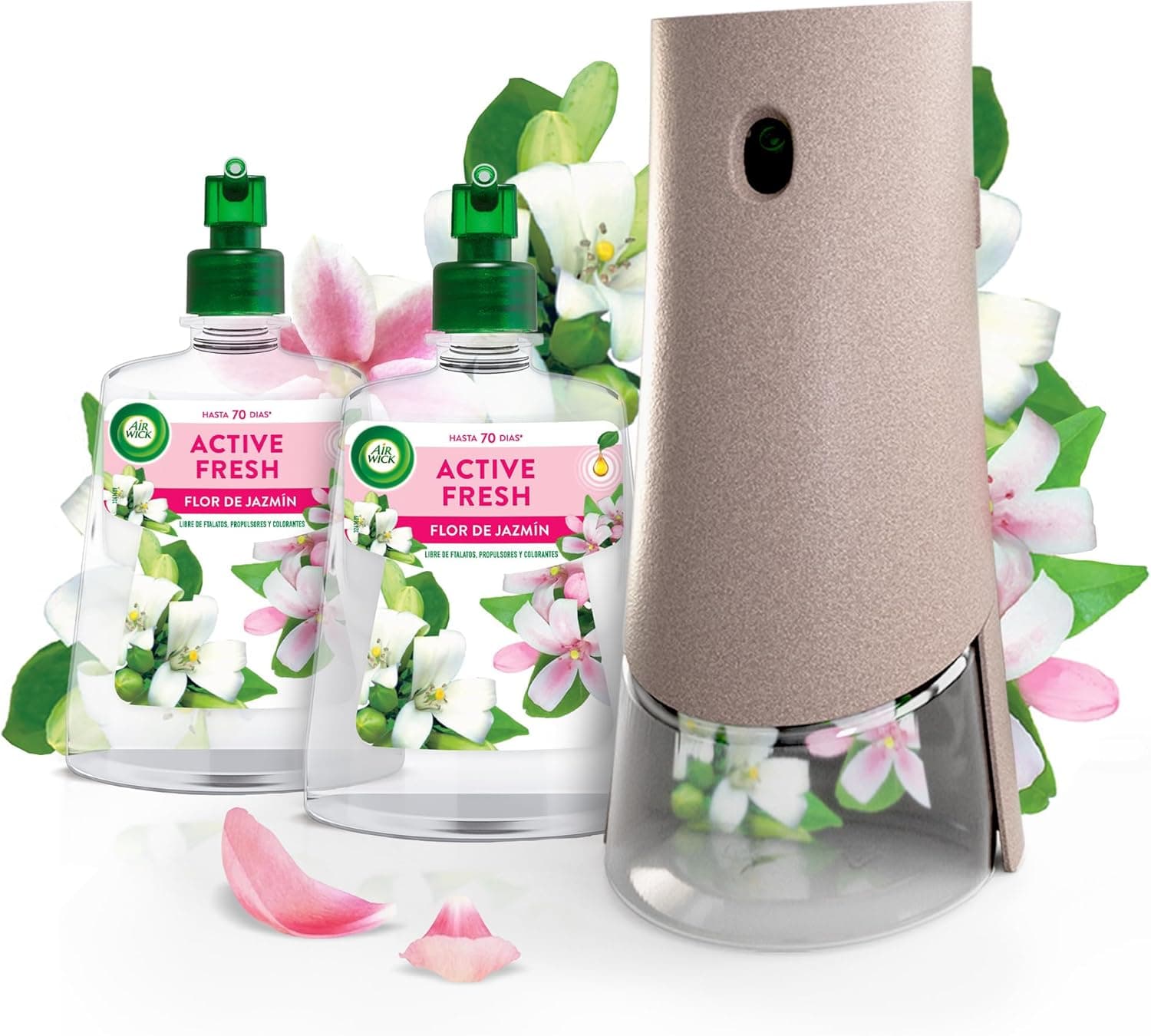 Air Wick Spray automático sem aerossol, ambiente de casa fragrância flor de jasmim, 1 dispositivo, 2 peças, 24 x 7 Active Fresh neutro de odores, até 70 dias de frescura