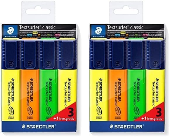 STAEDTLER Textsurfer Classic 364-S WP4P - Estojo promocional com 3 marcadores fluorescentes em cores sortidas 1 marcador fluorescente amarelo, multicolorido (embalagem de 2)