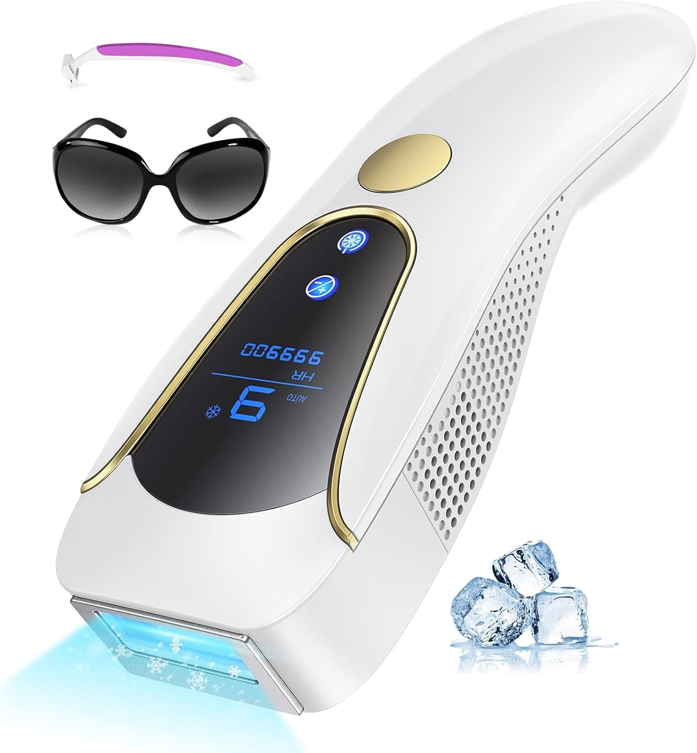 Depiladora a laser IPL com função de refrigeração, 3 em 1 máquina de secar luz de pulso com função HR/RA/SC, 9 níveis de energia/ 999,900 luz de pressão/máximo 19,35 J para pernas, biquíni, axilas